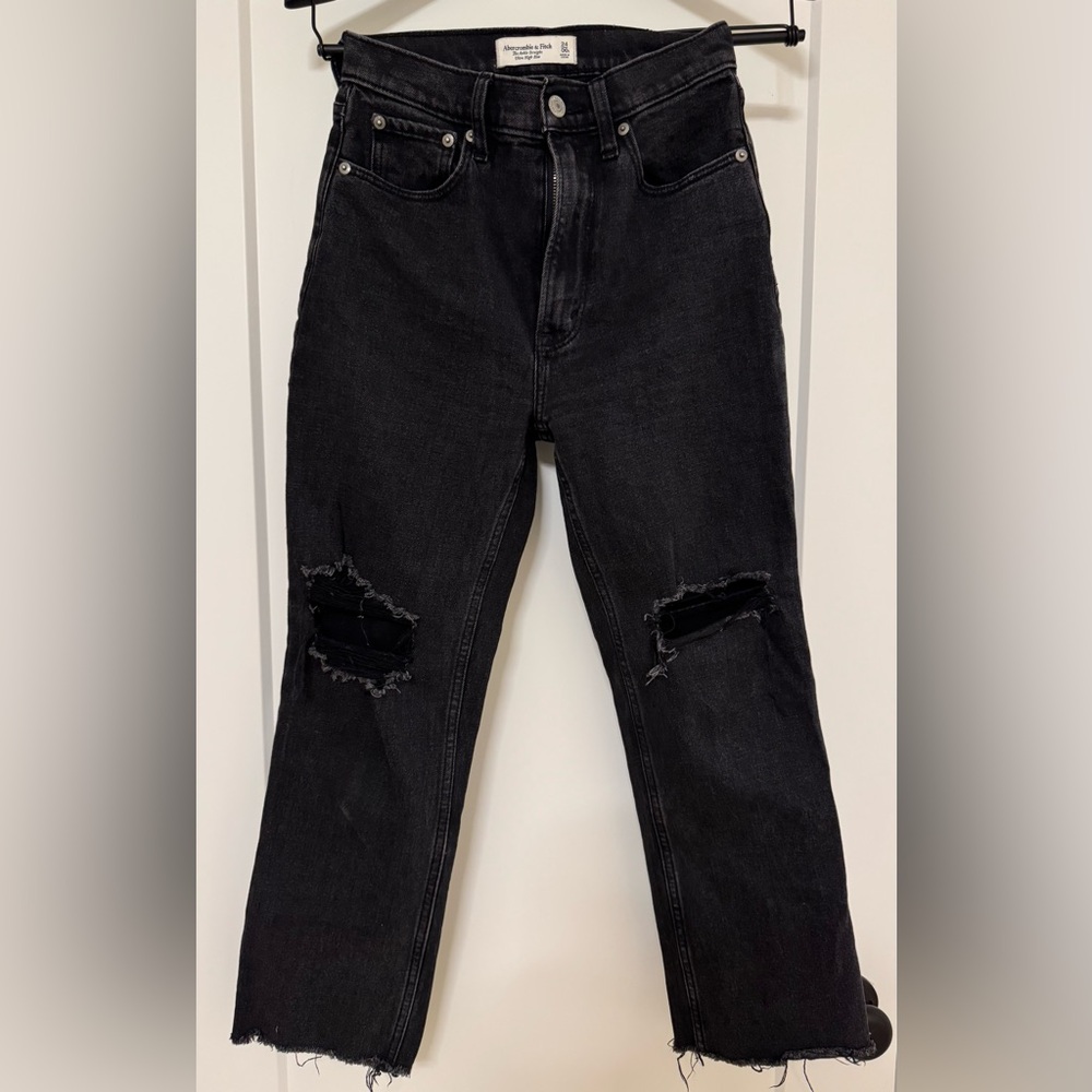 Abercrombie & Fitch Ankle Straight Ultra High Rise Distressed Black Jeans